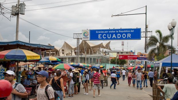 The Ecuador-Peru border in Huaqillas, Ecuador. There are no controls on the bridge that connects Huaqillas to the Peruvian city of Tumbes. Photograph: Paul Musiol