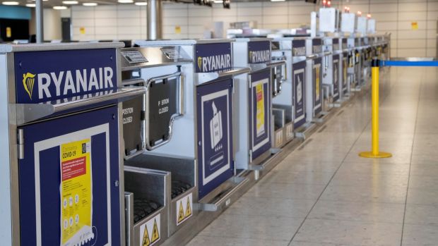 An empty Ryanair check-in area at Terminal 1, Dublin Airport on Friday May 1st. Photograph: Colin Keegan, Collins Dublin