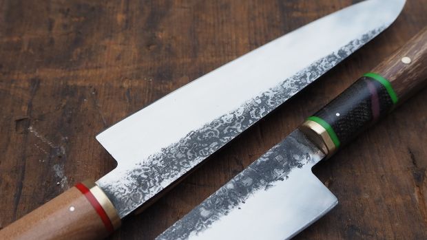 Hugo Byrne’s knives. Handles are made from a mixture of found wood and ocean plastic