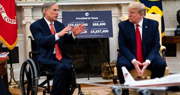 President Donald Trump  with Republican Texas Gov. Greg Abbott in the  White House,  May 7th. Photograph: Doug Mills/The New York Times