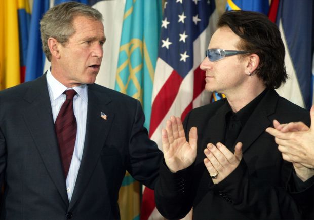 ‘Irish rock star with the Toxic Texan’: Bono with US president George W Bush in March 2002. Photograph: Jim Watson/AFP via Getty