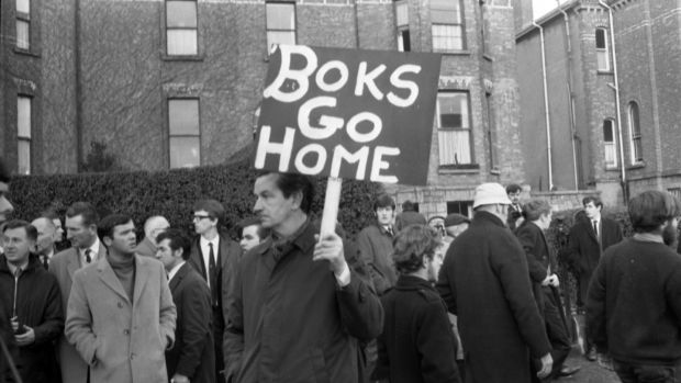 Dr Noel Browne TD joins the anti-apartheid demonstration in Dublin before the start of the controversial game against South Africa at Lansdowne Road in 1970. Photograph: Jimmy McCormack