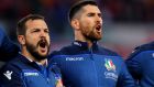 Ian McKinley (right) singing the Italian national anthem ahead of the Six Nations game against Wales in Rome in 2019. Photograph: Ryan Byrne/Inpho