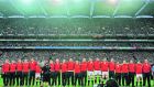 The England team sing God Save the Queen prior to the Six Nations game against Ireland at Croke Park in February 2007. Photograph: Peter Muhly/AFP/Getty Images