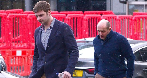 Iain Henderson and Rory Best arrive at Laganside Magistrates court in Belfast on January 31st, 2018  where Paddy Jackson and Stuart Olding were on trial accused of raping the same woman. Photograph:  Pacemaker