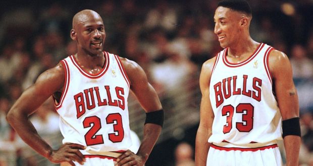  Michael Jordan  and Scottie Pippen pictured playing for the Chicago Bulls in 1997. Photograph: Vincent Laforet/AFP via Getty Images