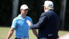 Rory McIlroy talks to the then Republican presendential candidate Donald Trump  during the 2016 WGC-Cadillac Championship at Trump National Doral Blue Monster Course on March 6, 2016 in Doral, Florida. Photograph:  Mike Ehrmann/Getty Images