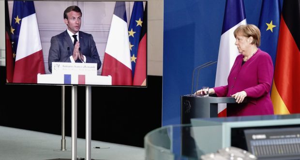 Emmanuel Macron and Angela Merkel announce their historic €500bn EU recovery plan at a videoconference on May 18th.  Photograph: Kay Nietfeld via Getty Images