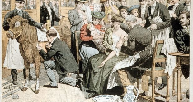Gloucestershire doctor Edward Jenner giving Parisians  immunity to smallpox  by “vaccinating” with a small dose of cowpox. Photograph:  Ann Ronan Pictures/Print Collector/Getty Images