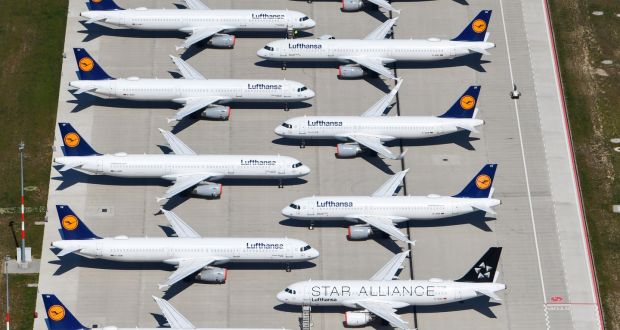  Lufthansa aircraft   at Berlin Brandenburg International Airport in Schönefeld, Germany. The German government and Lufthansa have reached an agreement on a bailout rescue package. Photograph: EPA/Oliver Lang