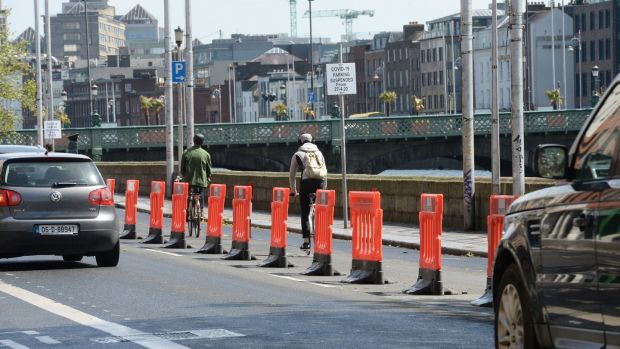 A newly installed cycle lane and pedestrian lane installed on Ormond Quay by Dublin City Council. Photograph: Alan Betson