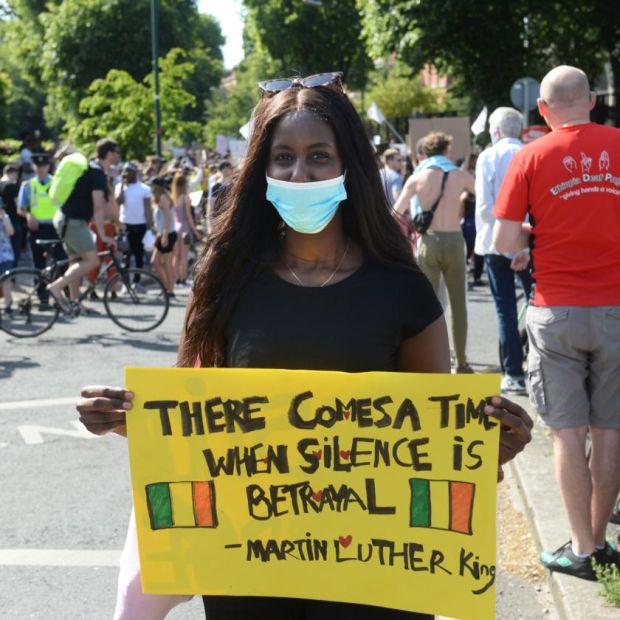 Katja Iradukunda: ‘We’re protesting here for George Floyd but also for every black person who has gone through discrimination’. Photograph: Dara Mac Dónaill/The Irish Times