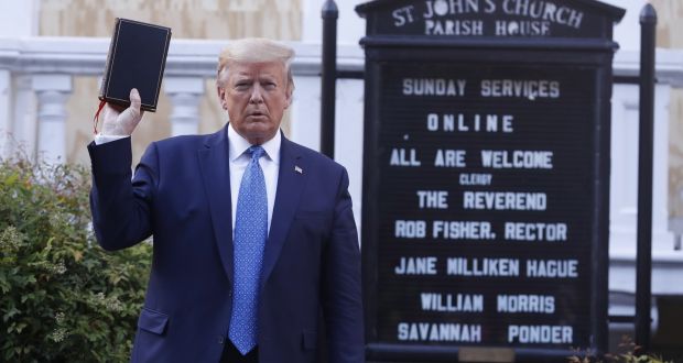 President Donald   Trump’s  photo opportunity in front of the boarded up windows of St John’s Church in Washington DC was another of his big lies. Photograph:  Shawn Thew/EPA