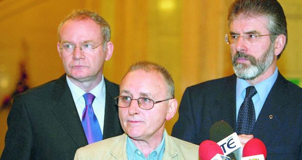 December 2005: Martin McGuinness, Sinn Féin head of administration Denis Donaldson and party leader Gerry Adams in Stormont. Donaldson was also an informer and was murdered by republicans in 2006. Photograph: Paul Faith / PA