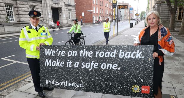 Assistant Garda Commissioner Paula Hilman  (left) with Liz O’Donnell, chairwoman of the Road Safety Authority, pictured at the launch of a new road safety campaign urging road users to be extra cautious as the roads get busier during the easing of the Covid-19 lockdown.  Photograph:  Robbie Reynolds
