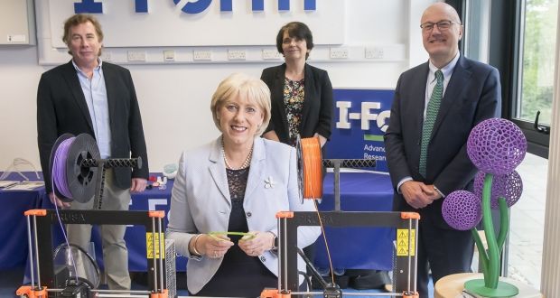 At the SFI Research Centre for Advanced Manufacturing at University College Dublin, are (from left): Prof Wim Meijer; Heather Humphreys, Minister for Business, Enterprise and Innovation; Prof Orla Feely, UCD vice-president for research, innovation and impact and Prof Mark Ferguson, director general Science Foundation Ireland. Photograph: Vincent Hoban