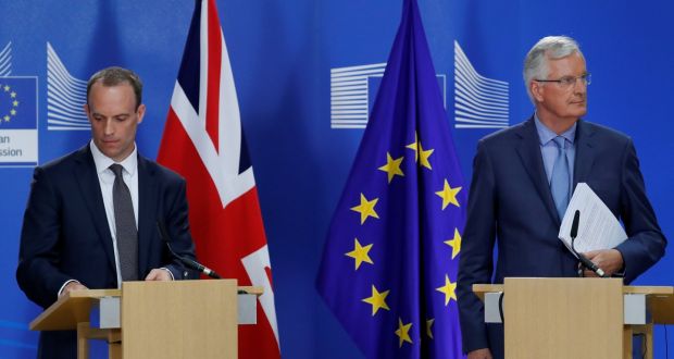 Britain’s then Brexit secretary Dominic Raab (now its foreign affairs secretary) and the European Union’s chief Brexit negotiator Michel Barnier at a news conference in Brussels in July 2018. The UK has said it will not seek an extension to current trade talks, raising the prospect of World Trade Organisation rules applying to goods between the two from the end of this year. Photograph: REUTERS/Yves Herman/File Photo