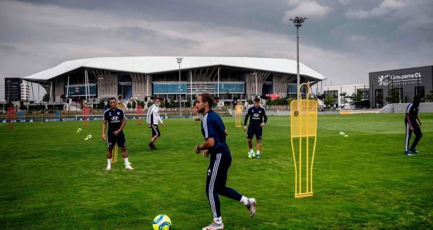 Olympique Lyonnais players take part in a training session at Groupama Stadium in Décines-Charpieu as last Wednesday as France eases lockdown measures taken to curb the spread of Covid-19. Photograph: Jeff Pachoud/AFP via Getty Images