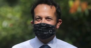 Taoiseach Leo Varadkar in Dublin city centre encouraging passengers to wear face masks on public transport in Ireland as coronavirus lockdown measures are eased.  Photograph: Niall Carson/PA Wire