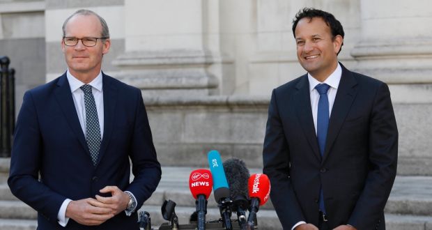 Taoiseach and Fine Gael leader Leo Varadkar (right) and Tánaiste Simon Coveney speaking to the media at Government Buildings in  Dublin on Monday. Photograph: Leon Farrell/Photocall Ireland/PA Wire.