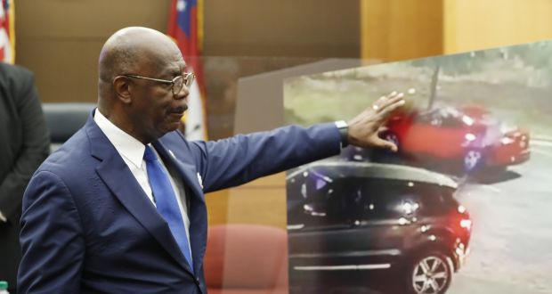 District attorney Paul Howard  points during a press conference announcing charges against Atlanta police officer Garrett Rolfe in the fatal police shooting of Rayshard Brooks. Photograph: Erik S Lesser/EPA