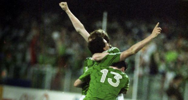 Ireland’s Andy Townsend, Kevin Sheedy (centre) and Steve Staunton after Sheedy’s equalising goal against England. Photograph: Peter Thursfield