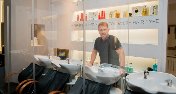   Richard Dromgoole, manager of Zeba Hairdressing on South William Street, preparing for reopening on June 29th. Photograph: Gareth Chaney/Collins