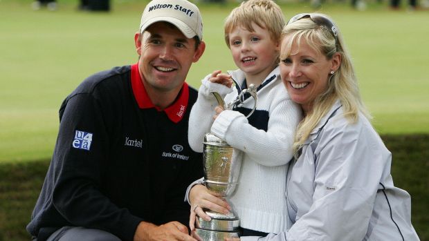 Pádraig Harrington celebrates his victory with wife Caroline and son Paddy. Photograph: Paul Ellis/AFP via Getty Images