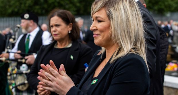 Sinn Féin leader Mary Lou McDonald (left) and the North’s Deputy First Minister Michelle O’Neill during Bobby Storey’s funeral. Photograph: PA
