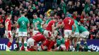 Ireland celebrate winning a penalty at a Welsh scrum during February’s Six Nations clash at the Aviva Stadium. Photograph: Dan Sheridan/Inpho