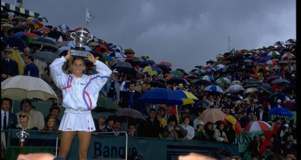 Monica Seles celebrates her maiden Grand Slam victory - the 1990 French Open. Photograph: Getty