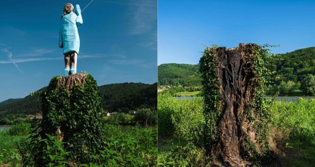 (Left) A file photo taken on July 5, 2019 of what conceptual artist Ales  Zupevc claims is the first ever monument of Melania Trump, set in the fields near the US first lady’s hometown of  Sevnica, Slovenia and  (right) a photo taken on July 7th,  showing the charred remains of a tree trunk that once acted as a plinth for the wooden statue. Photos by Jure Makovec/AFP via Getty Images.