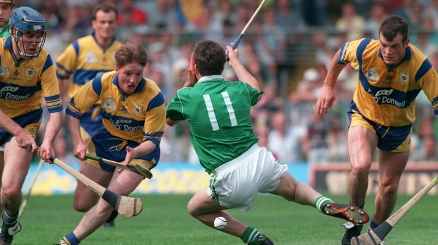Clare’s James O’Connor is challenged by Limerick’s Gary Kirby during the 1995 Munster final. Photograph: Tom Honan/Inpho