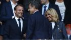 Emmanuel Macron, Brigitte Macron and Nicolas Sarkozy meet at the French cup final in 2018 at Saint-Denis. Photograph: Mehdi Taamallah/NurPhoto