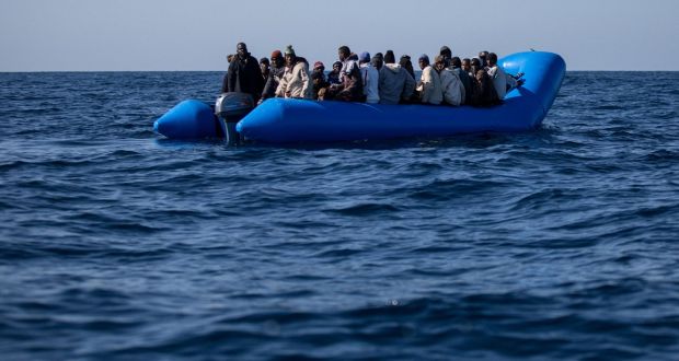 Inflatable boat with 47 migrants on board being rescued by the Dutch-flagged Sea Watch 3 off Libya’s coast in January on 2019. Photograph: Federico Scoppa/AFP 