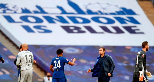 Chelsea manager Frank Lampard congratulates Reece James after the FA Cup semi-final win over Manchester United. Photo: Alastair Grant/POOL/AFP via Getty Images