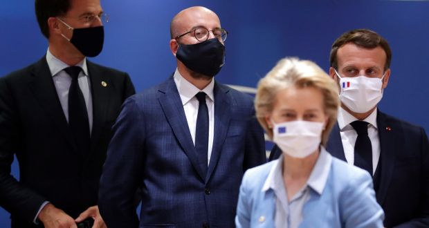 From left: Dutch prime minister Mark Rutte, European Council president Charles Michel, French president Emmanuel Macron and president of the European Commission Ursula von der Leyen  in Brussels on Tuesday. Photograph: EPA