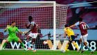 Trézéguet scores Aston Villa’s goal during the Premier League game against Arsenal at Villa Park. Photograph: Peter Powell/AFP via Getty Images