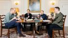 Prince William, the Duke of Cambridge, with Peter Crouch, Tom Fordyce and Chris Stark during a recording of That Peter Crouch Podcast, in which William discussed his schooldays playing soccer, and revealed his favourite karaoke song was Queen’s Bohemian Rhapsody. Photograph: Kensington Palace/PA Wire