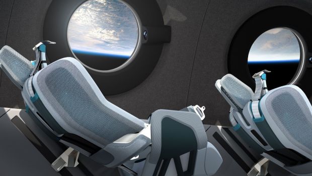 An image of the Virgin Galactic spaceship cabin design and seats. Photograph: Virgin Galactic/The Spaceship Co/Getty