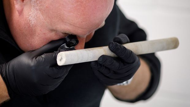 David Nash analyses a sarsen core extracted from Stonehenge. Photograph: Sam Frost/PA