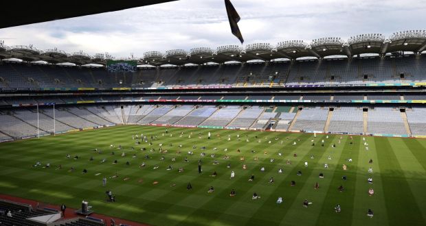 Socially distanced worshippers in Croke Park, Dublin, on the first day of Eid. Photograph: Damien Eagers/PA Wire