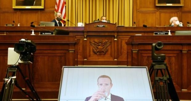 Facebook chief executive Mark Zuckerberg testifying via video link before the US congressional hearing on anti-trust issues. Photograph: Getty 