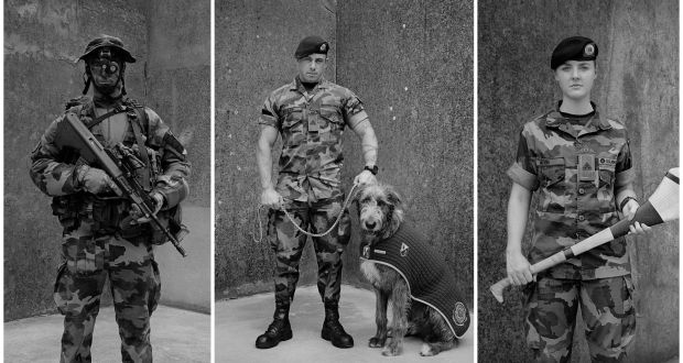 The Bloods: Recce Platoon Soldier - Night Vision, Private Oisin Roche, 2019 (left); Battalion Mascot and Handler, Irish Wolfhound Fionn, Private James Dooley, 2016 (centre); and Soldier, Camogie Player, Private Ciara Nevin, 2019