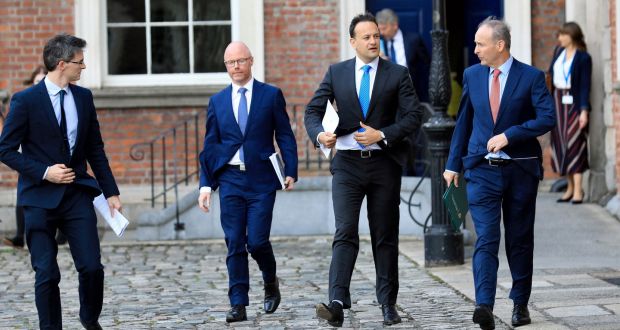 Acting chief medical officer Dr Ronan Glynn, Minister for Health Stephen Donnelly, Tánaiste Leo Varadkar and Taoiseach Micheál Martin ahead of the post-Cabinet press briefing.  Photograph: Julien Behal/PA Wire