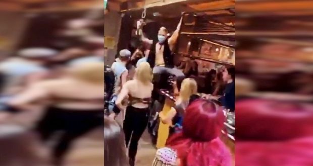 A sreengrab from a video on social media appearing to show a large crowd in the Dublin City centre bar   on Dame Lane.
