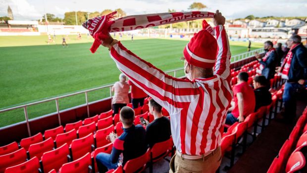 Sligo Rovers fans celebrate their equalising goal during the SSE Airtricity League Premier Division match against Waterford at The Showgrounds. Photograph: Morgan Treacy/Inpho