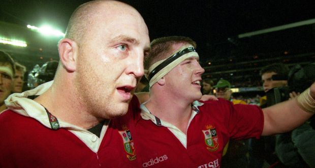 Keith Wood and Paul Wallace celebrate victory over South Africa in the first Test of the 1997 British & Irish Lions tour in Durban. Photograph: Billy Stickland/Inpho