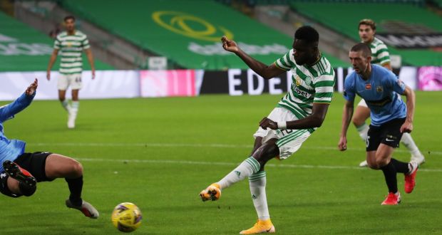 Odsonne Edouard scores his second and Celtic’s fifth goal during the Champions League first qualifying round match  against  KR Reykjavik at Celtic Park. Photograph: Ian MacNicol/Getty Images