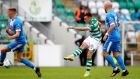 Aaron McEneff scores Shamrock Rovers’ third goal during the SSE Airtricity League Premier Division game against Finn Harps at  Tallaght Stadium. Photograph: Ryan Byrne/Inpho